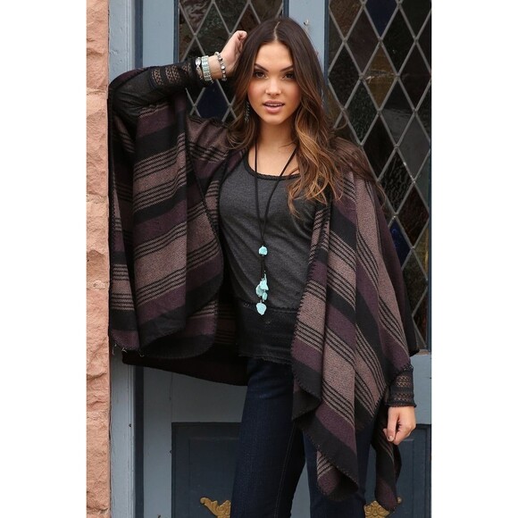 NWT Cruel Denim Hooded Blanket Striped Poncho - Picture 1 of 7